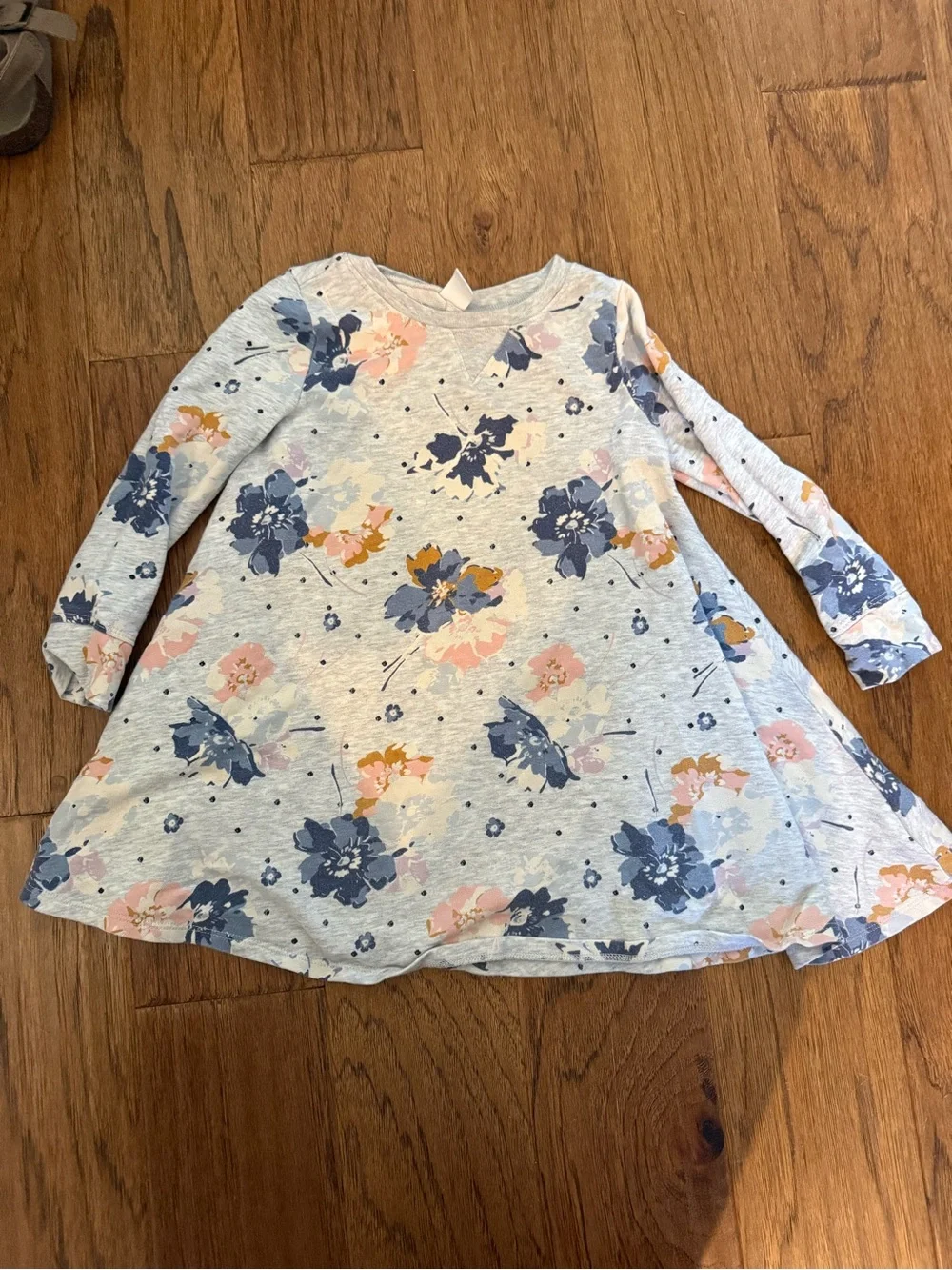 Girls' Floral Long-Sleeve Swing Dress - Light Gray with Blue & Pink Flowers